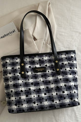 Heart Plaid PU Leather Strap Tote Bag Black One Size OutfitFlow